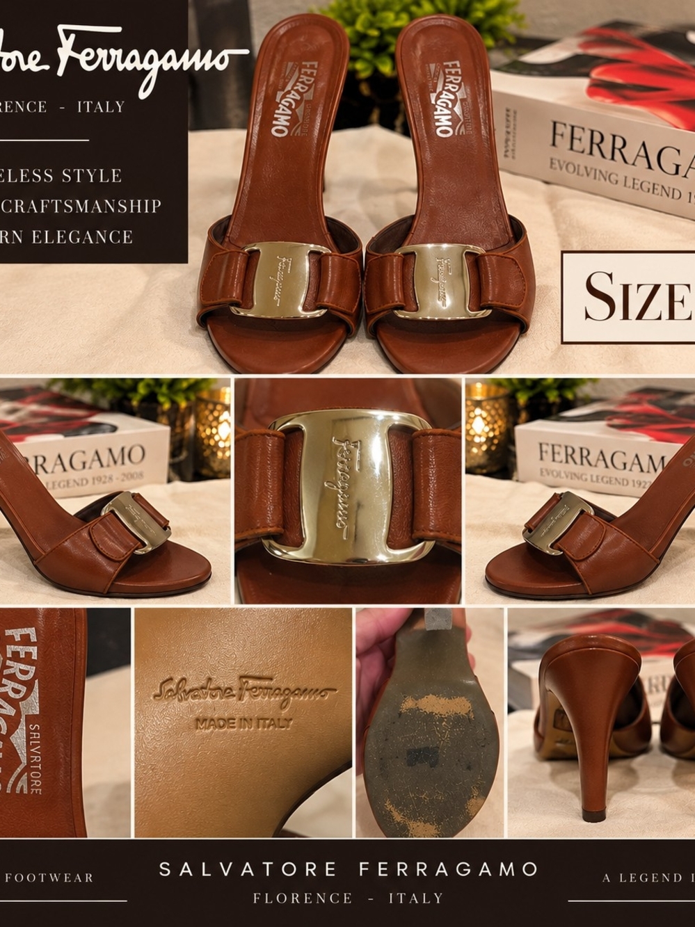 Salvatore Ferragamo Brown Leather Slide Mules with Gold Buckle